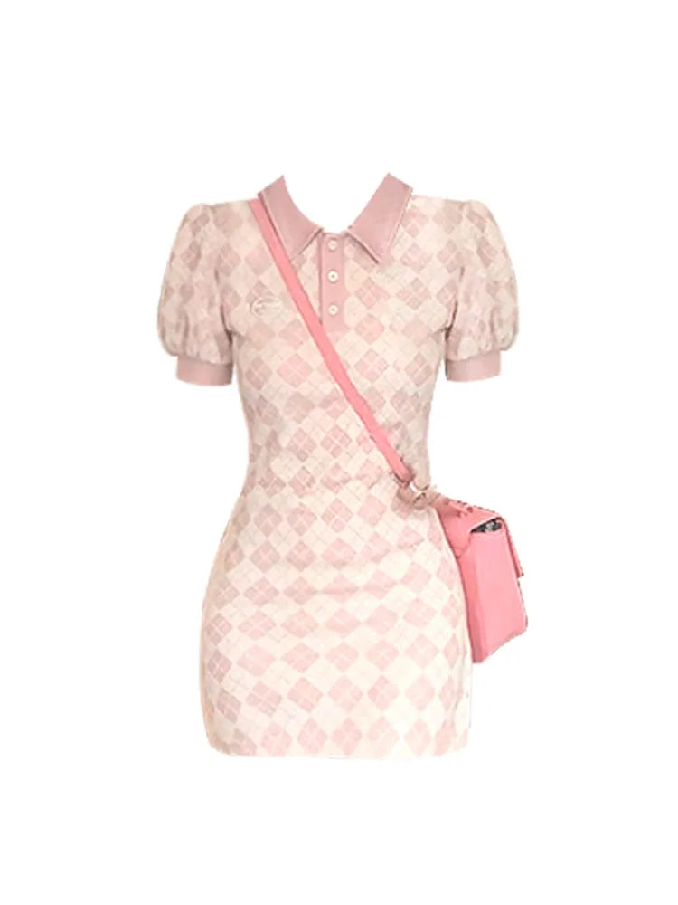 Women Summer Plaid Mini Dress Kawaii High Waist Polo-Neck Cute Slim Midi Dress French Elegant Loose Sweet Party Holiday Vestidos
