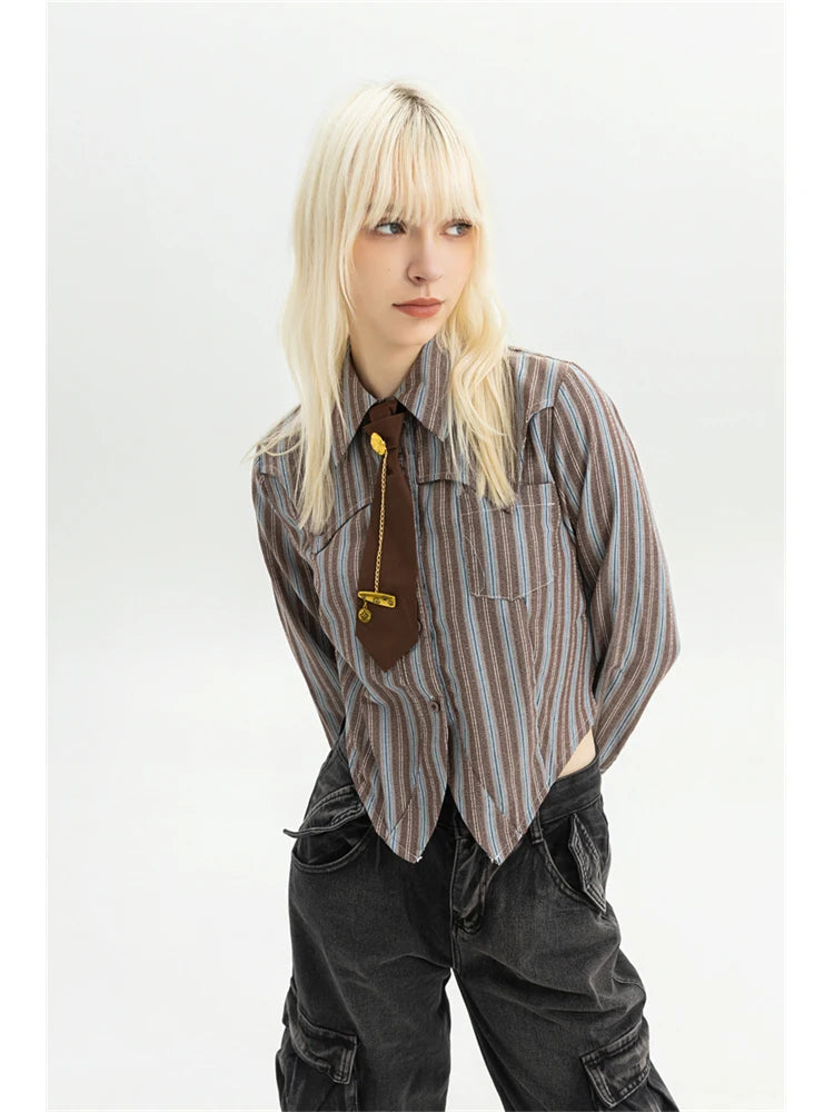 Women Striped Shirts Blouses Vintage Harajuku 90s Aesthetic Y2k 2000s Elegant Polo-Neck Long Sleeve Shirts 2000s Clothes Autumn