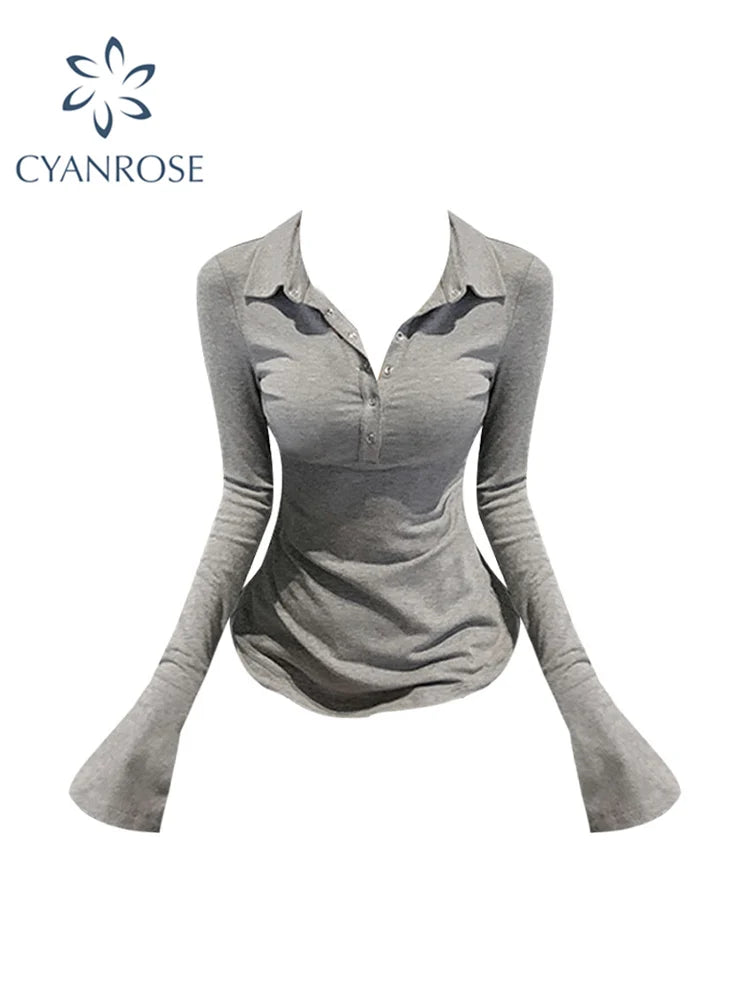 Thin Sexy Club Slim T Shirt Women Lapel Collar Tees Womens Clothing Cotton Long Sleeve Korean Casual Fashion Tops 2023 Spring