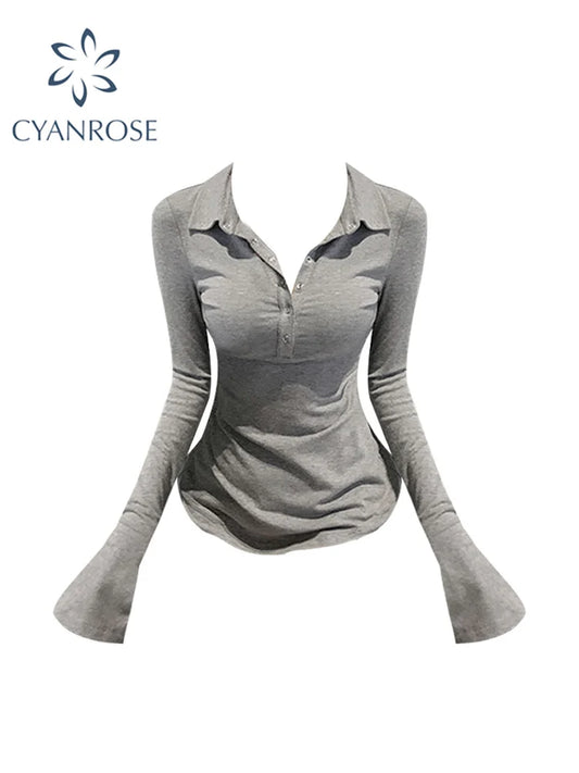 Thin Sexy Club Slim T Shirt Women Lapel Collar Tees Womens Clothing Cotton Long Sleeve Korean Casual Fashion Tops 2023 Spring