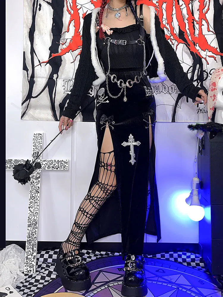 Goth Vintage Black High Split Skirts Aesthetic Sexy High Waist Bow Bodycon Long Skirt Elegant E Girl Punk Partywear Clothes Y2k