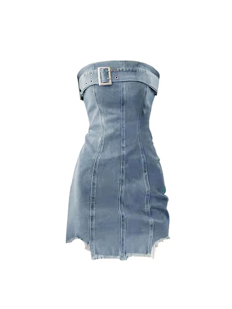 Women's Off-Shoulder Strapless Denim Shirt Dress Slim Mini-Length Casual Party Outfit for Spring Summer 2025