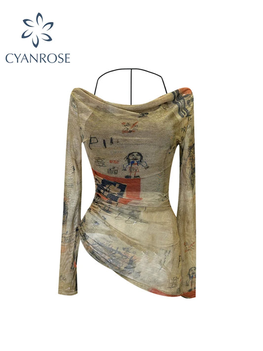 Women's Graphic Print T-Shirt Girl Harajuku Long Sleeve T-Shirt Streewear Vintage 90s Aesthetic Female Y2k Top Tee Clothes 2023