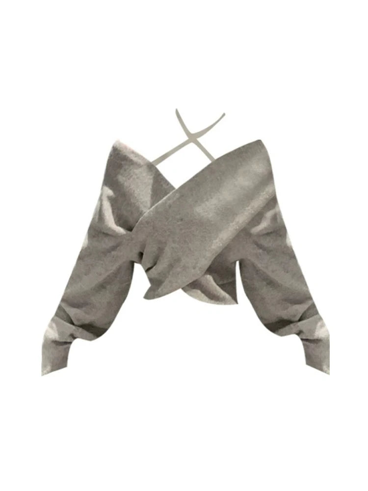 Women's Grey Pullover Knitted Sweater Harajuku Y2k Long Sleeve V-Neck Sweater Jumper Vintage 2000s Aesthetic Clothes Autumn 2024