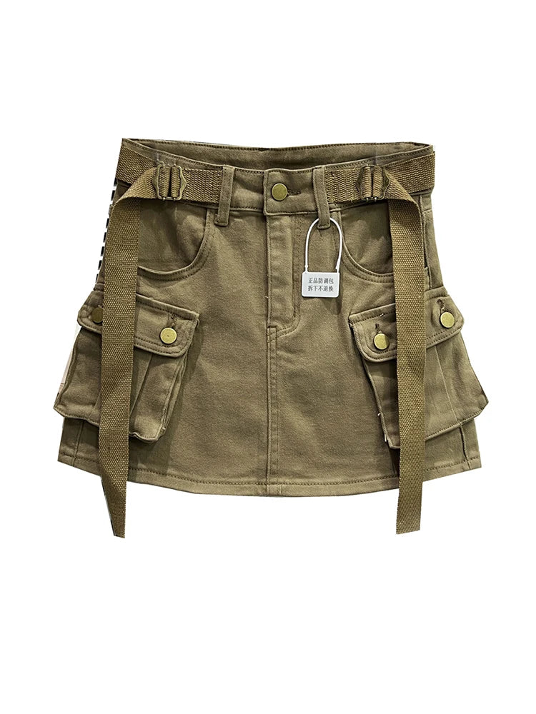 Women Denim Cargo A-line Skirt Vintage Y2k Khaki Skirt Harajuku Korean Streetwear Fashion A-line Skirts Emo 2000s Trashy Clothes