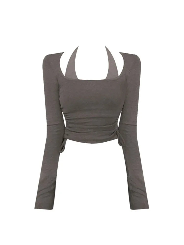 Y2k Sexy Vintage T Shirt Spring Clothes For Women Fashion Crop Top Long Sleeve Skinny Slim Basic Fake Two Pieces Tee Streetwear