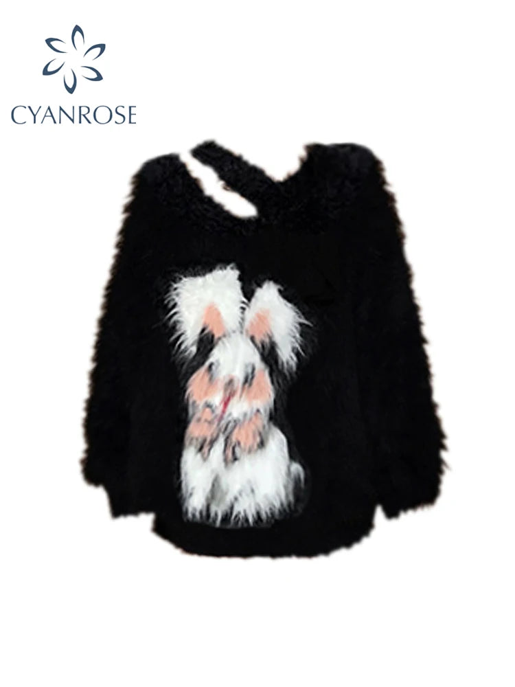 Women's Black Gothic Mohair Pullover Knit Sweater Harajuku Y2k Long Sleeves Knitted Rabbit Sweater Jumper Vintage 2000s Clothes