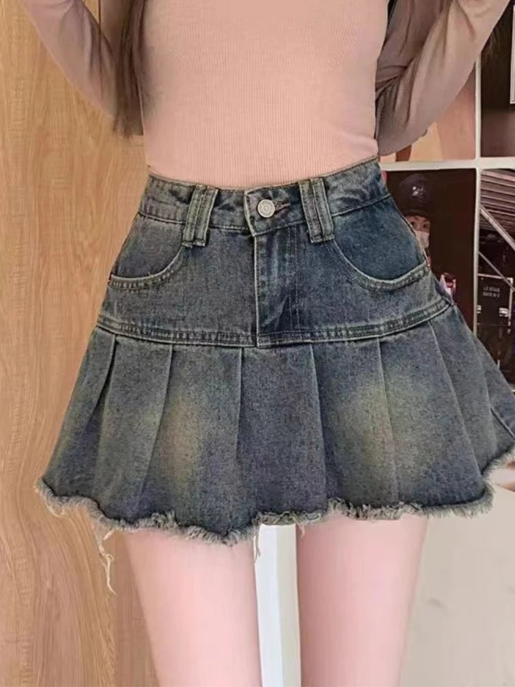 Women's Blue A-line Denim Pleated Skirt Vintage Aesthetic Streetwear Y2k Jeans Skirt Harajuku Korean Skirts 2000s Clothes Summer