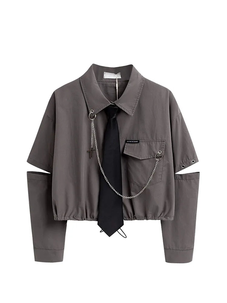 Punk Gothic Crop Top - Harajuku Streetwear with Chain & Split Detail