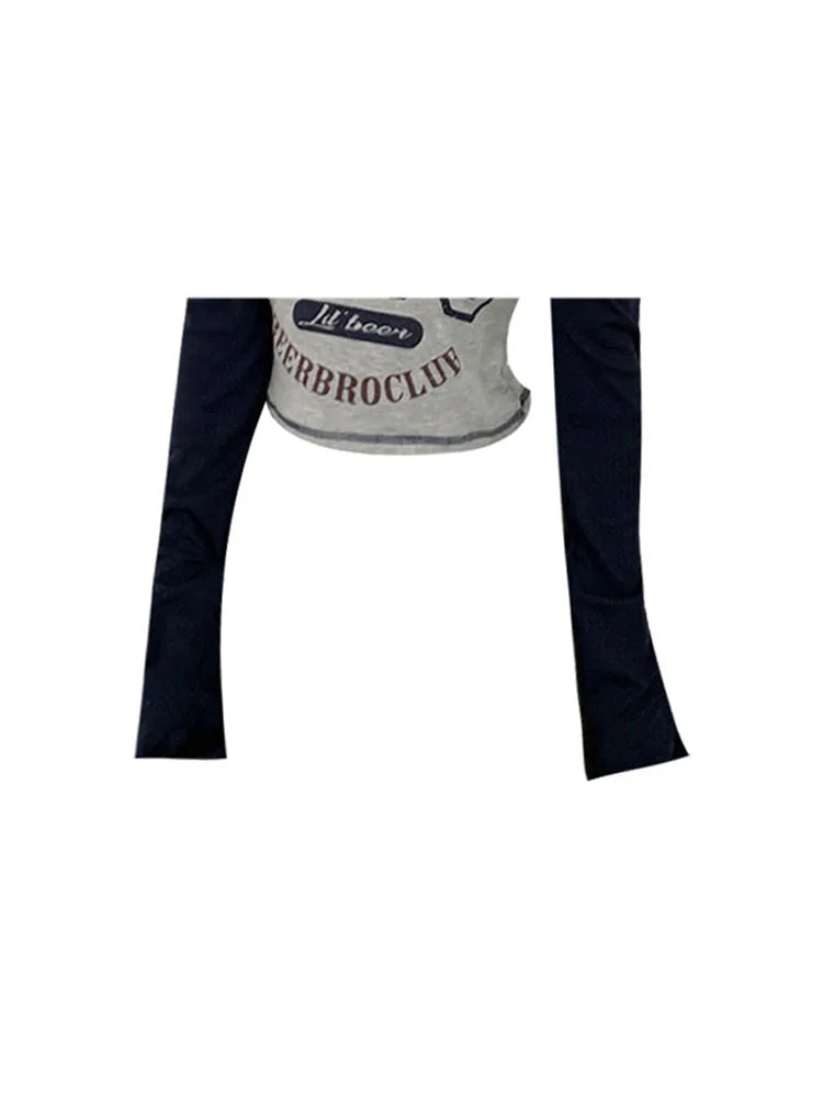 American College Style Women Y2k Off Shoulder O-neck Long Sleeve Tops Women Letter Print Contrast Color Tees Women 2022 Autumn