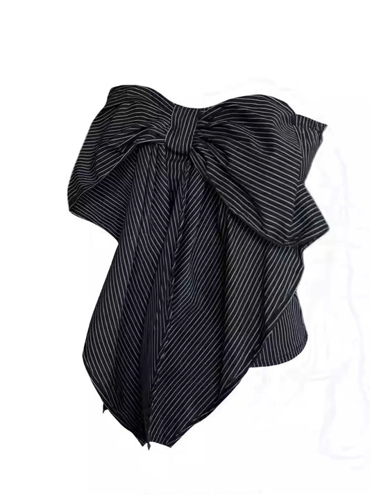 Women Black Striped Shirts and Blouses Bow Y2k Aesthetic Vintage Korean 2000s Elegant Off Shoulder Short Sleeve Shirt Clothes