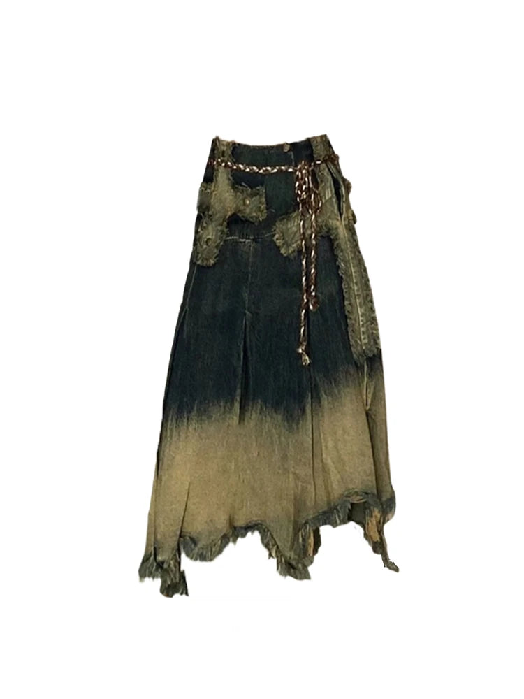 Women Denim Long Skirt Harajuku Y2k 2000s Vintage Skirts 90s Aesthetic Streetwear Fashion Korean Style A-Line Jean Skirt Clothes