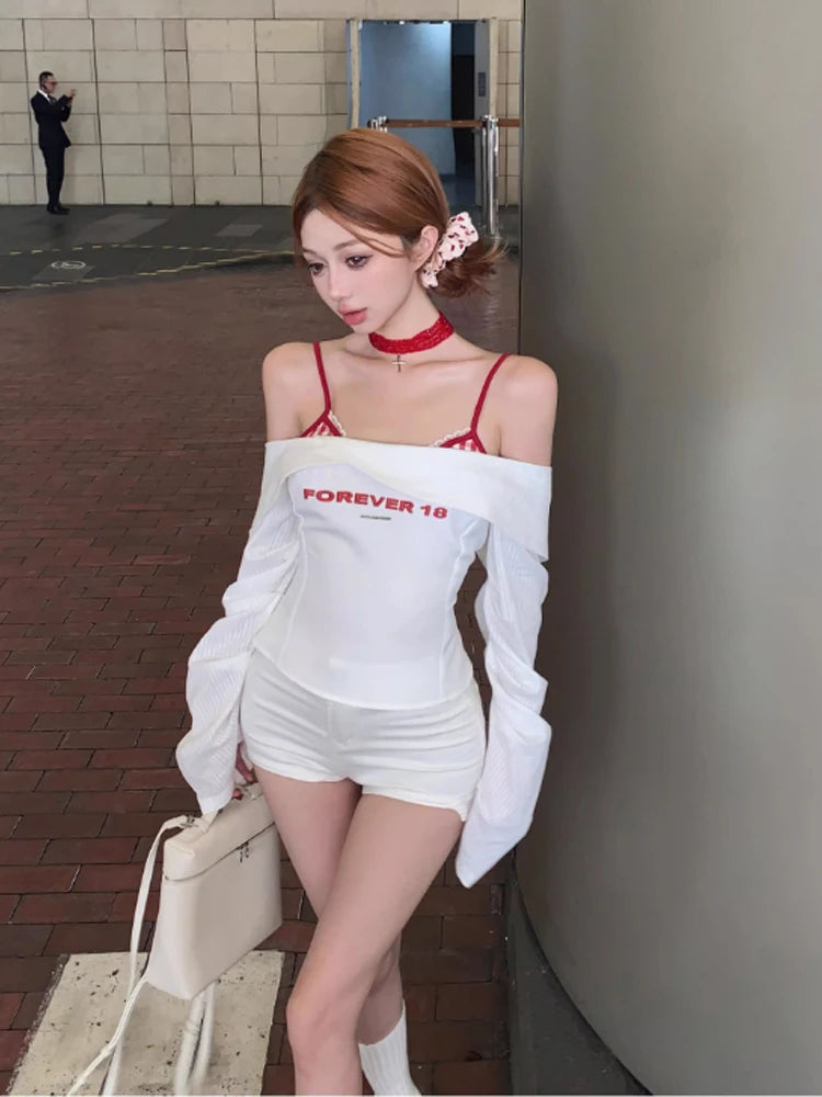 Women's White Patchwork T-shirt Harajuku Korean Y2k Tee Top Vintage 90s Aesthetic Long Sleeve T-shirt 2000s Fashion Clothes 2024