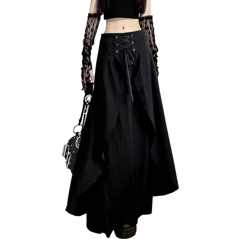 Women's Black Gothic A-line Skirt Vintage 90s Aesthetic Streetwear Y2k Long Skirt Harajuku Korean Emo Skirt 2000s Clothes 2024