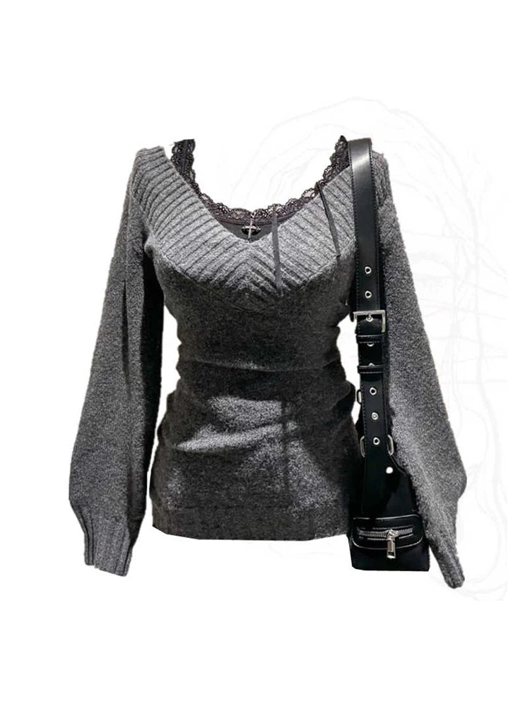 Women's Dark Grey Pullover Cashmere Sweater Harajuku Y2k Long Sleeves V-Neck Sweaters Jumper Vintage 2000s Clothes Autumn 2024