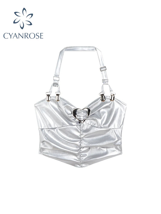 Women Silver Leather Crop Top Vintage Y2k Camisole Aesthetic Sleeveless Off Shoulder Punk Corset Tops 2000s Clothes Summer 2024