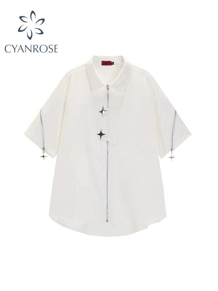 Women White Shirts and Blouses Y2k Vintage Korean Streetwear Harajuku 2000s Elegant Short Sleeve Polo-Neck Shirt Clothes Summer