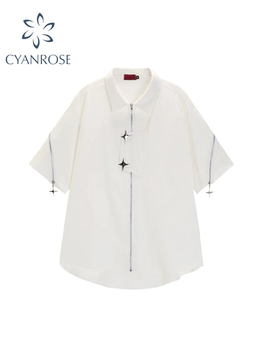 Women White Shirts and Blouses Y2k Vintage Korean Streetwear Harajuku 2000s Elegant Short Sleeve Polo-Neck Shirt Clothes Summer
