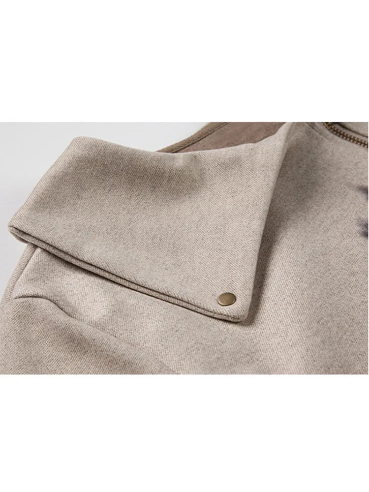 2022 Women Vintage Print Short Jacket Trendy Irregular Turn-down Collar Loose Casual Zippers Coats Harajuku Long Sleeve Outwear