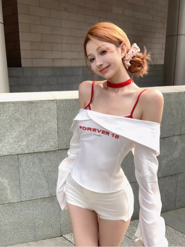Women's White Patchwork T-shirt Harajuku Korean Y2k Tee Top Vintage 90s Aesthetic Long Sleeve T-shirt 2000s Fashion Clothes 2024