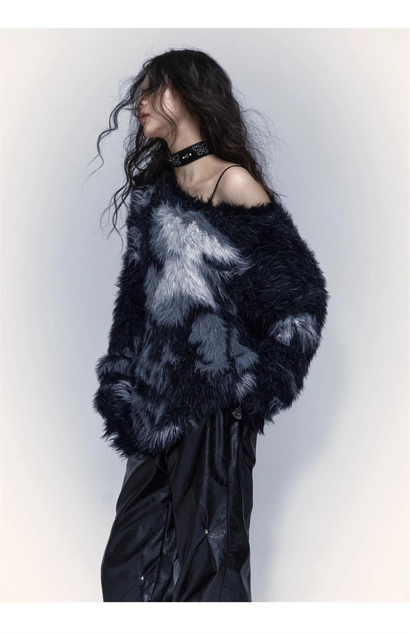 Women Black Gothic Mohair Pullover Knitted Sweater Harajuku Y2k Long Sleeves Sweater Jumper Vintage 2000s Aesthetic Clothes 2024