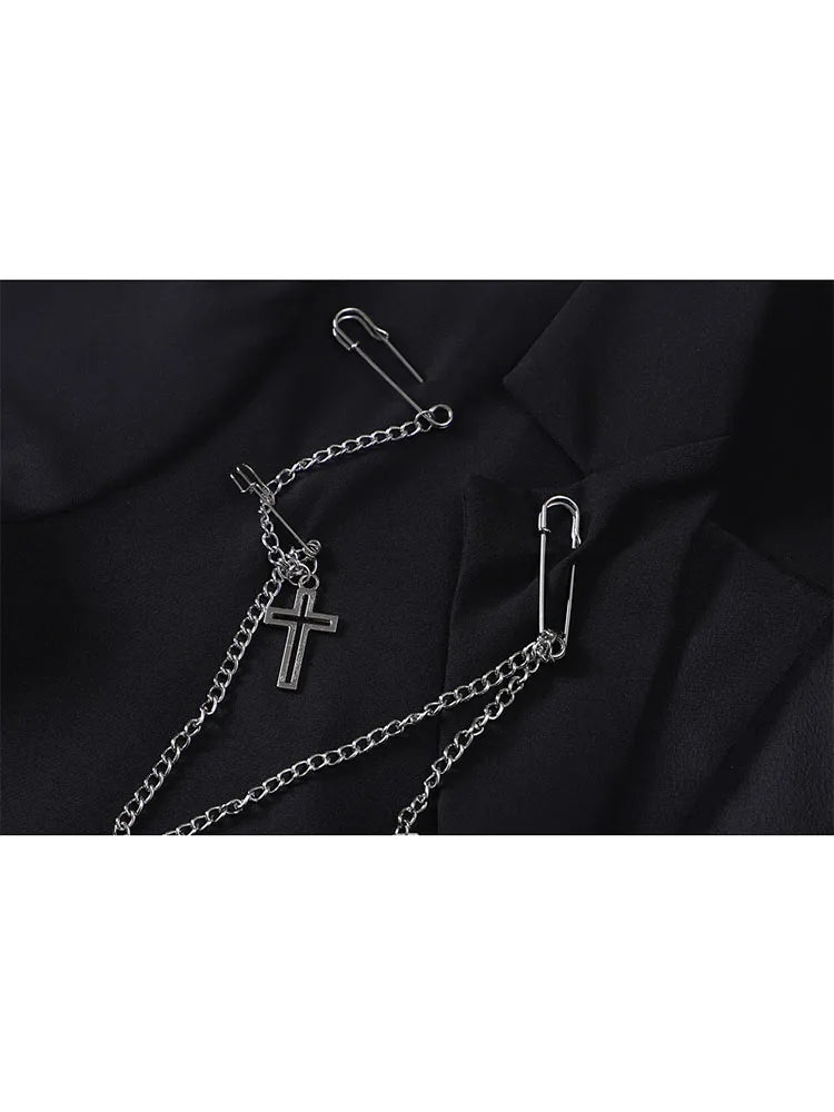 Gothic Punk Cardigan Black Blazer Jacket Coat Women 2022 Summer Short Sleeve High Street Fashion Outerwear Loose Chain Goth Tops