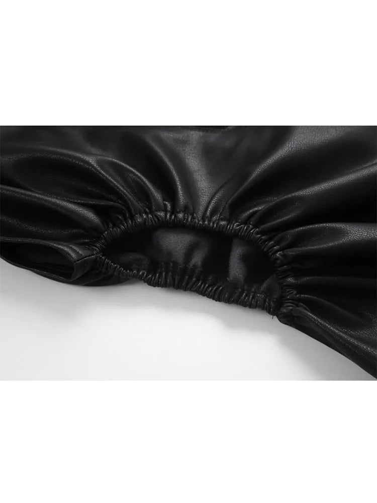 Pu Faux Leather Sexy Black Spaghetti Strap Mini Dresses Women High Waist Hollow Out Design Backless Loose Party Club Midi Frocks