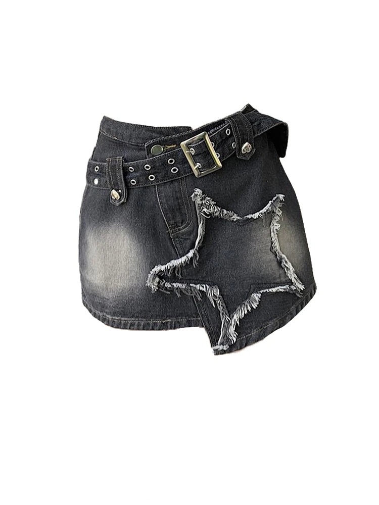 Women Black Gothic Denim Skirts Harajuku A-Line Mini Jean Skirt Vintage Y2k Aesthetic Oversize Skirt 2000s Trashy Clothes Summer