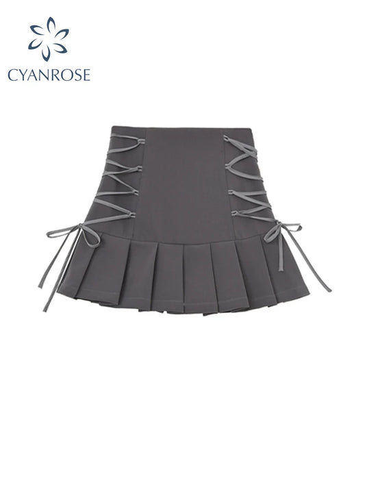 High Waist Pleated Skirts For Women Bandage Short Grey Skirts Gothic Sexy Club Streetwear Casual Harajuku Mini Skirts Female