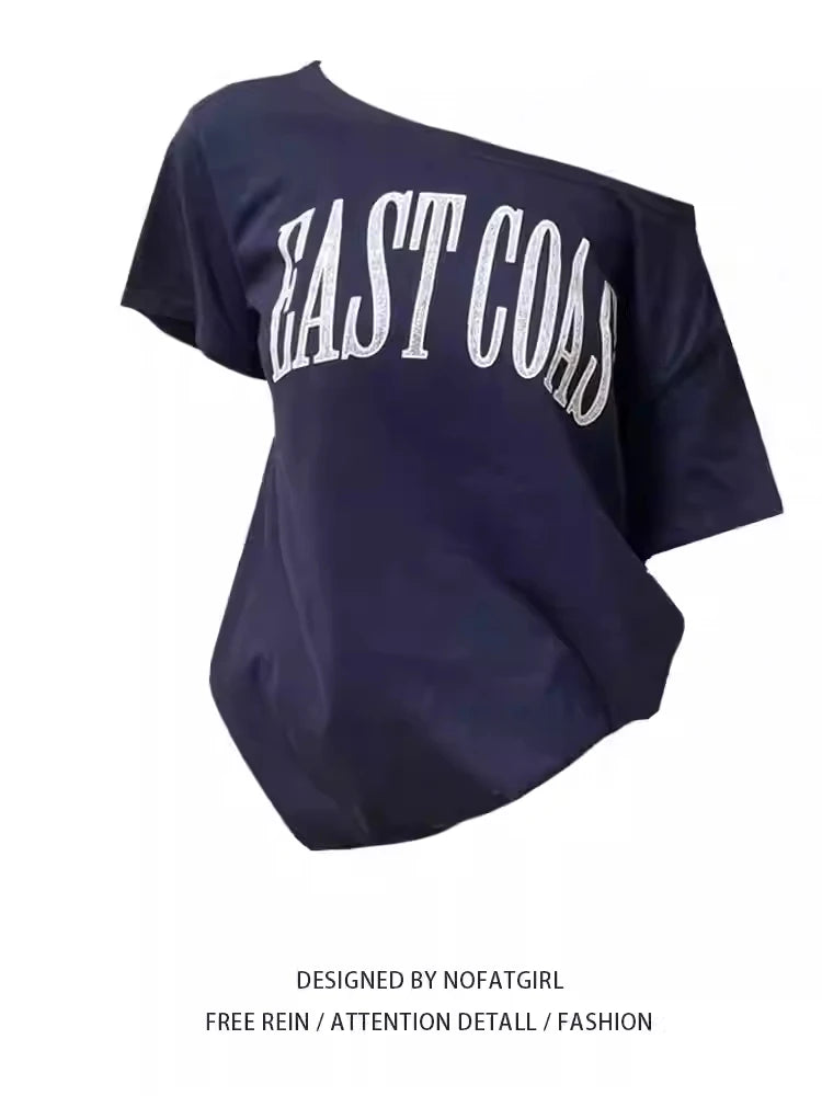 One Shoulder Letter Print Women T-shirt Solid Color Slash Neck Off Shoulder Long Sleeve T-shirt Loose Autumn Lady Blouse Loose