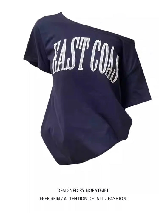 One Shoulder Letter Print Women T-shirt Solid Color Slash Neck Off Shoulder Long Sleeve T-shirt Loose Autumn Lady Blouse Loose