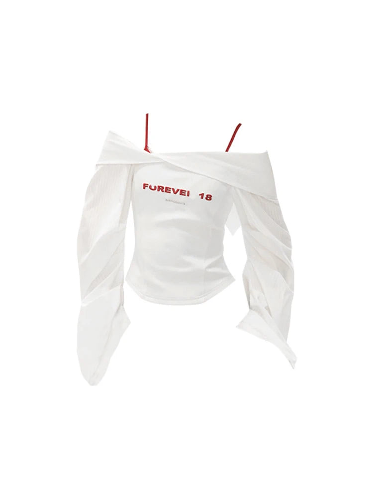 Women's White Patchwork T-shirt Harajuku Korean Y2k Tee Top Vintage 90s Aesthetic Long Sleeve T-shirt 2000s Fashion Clothes 2024