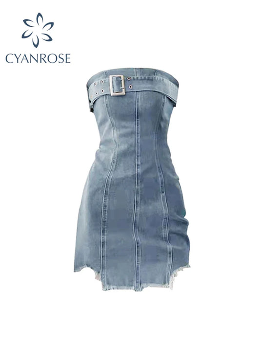 Women's Off-Shoulder Strapless Denim Shirt Dress Slim Mini-Length Casual Party Outfit for Spring Summer 2025