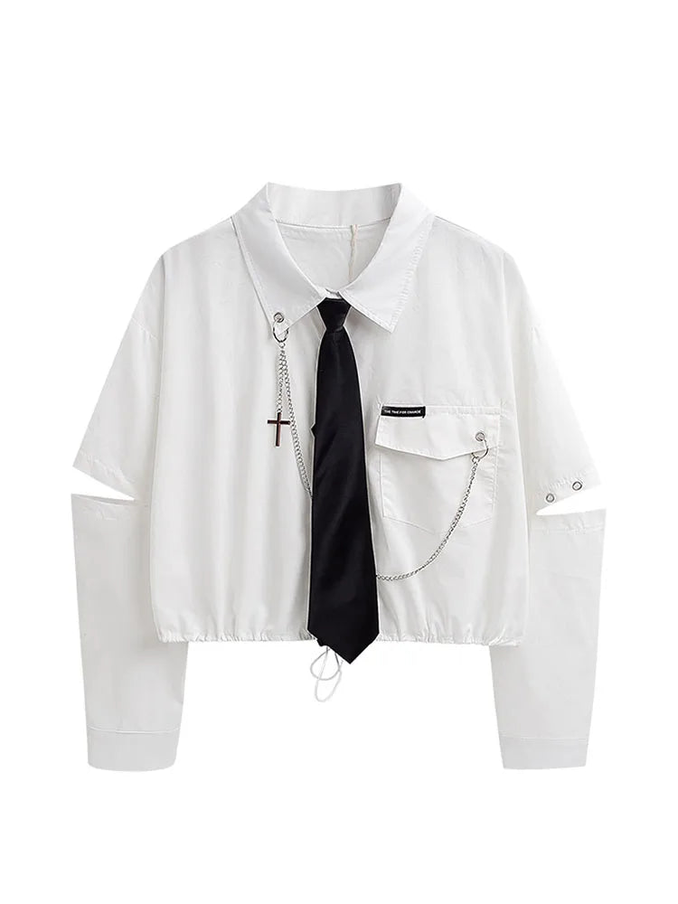 Punk Gothic Crop Top - Harajuku Streetwear with Chain & Split Detail