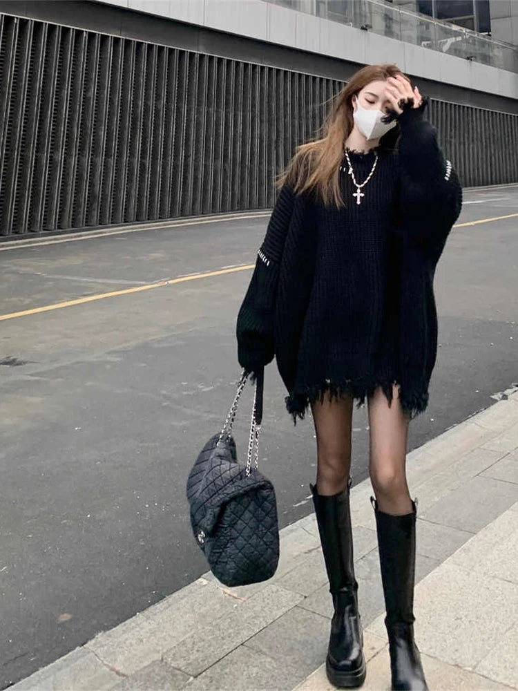 Women Black Gothic Pullover Sweater Harajuku Long Sleeves O-Neck Soft Knitted Sweaters Vintage 90s Y2k 2000s Clothes Autumn 2024