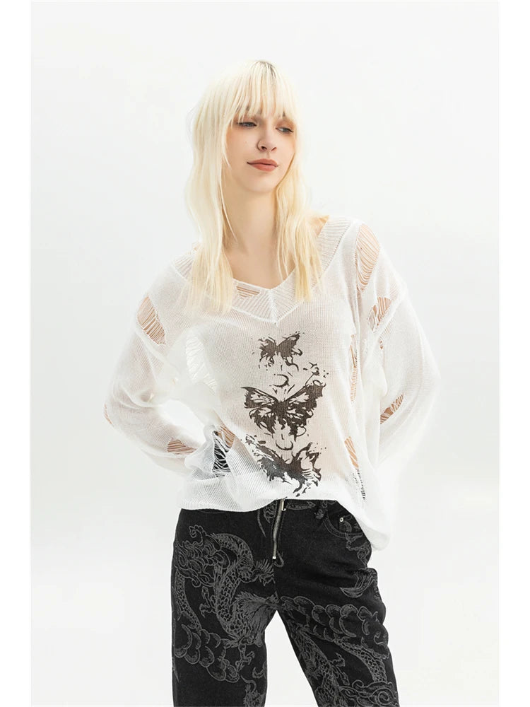 Women's Torn T-shirt Harajuku Korean Y2k Ripped Tee Top Vintage 90s Aesthetic Long Sleeve V-Neck T-shirt 2000s Fashion Clothes