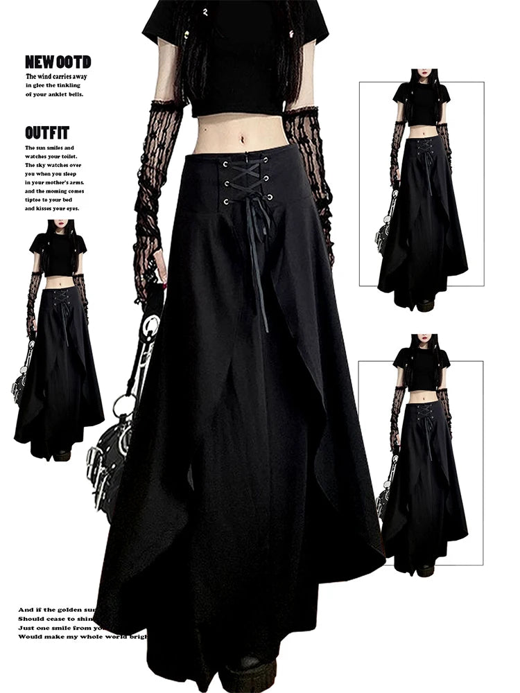 Women's Black Gothic A-line Skirt Vintage 90s Aesthetic Streetwear Y2k Long Skirt Harajuku Korean Emo Skirt 2000s Clothes 2024