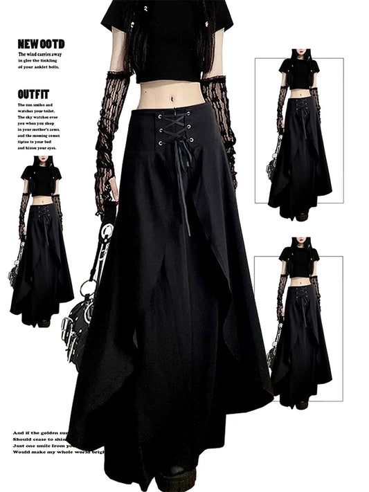 Women's Black Gothic A-line Skirt Vintage 90s Aesthetic Streetwear Y2k Long Skirt Harajuku Korean Emo Skirt 2000s Clothes 2024