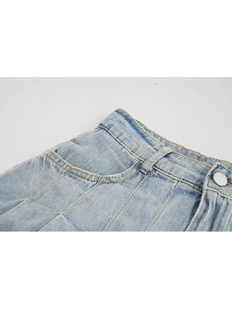 High Waist Denim Mini Skirt Women Korean Vintage New Fashion Slimming Versatile Denim Button Lotus Leaf Pleated Skirts Female