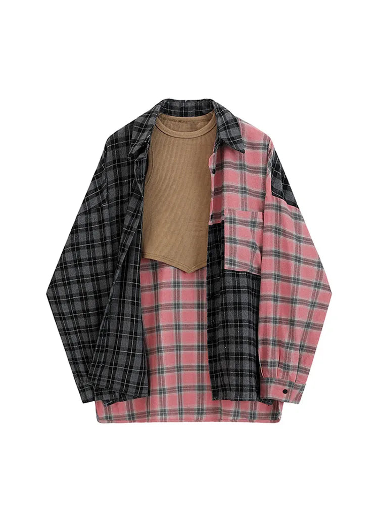 Turn-Down Neck Long Sleeve Patchwork Plaid Shirts Women Autumn Oversize Button Up Shirt Korean Fashion Casual Outwear Tops