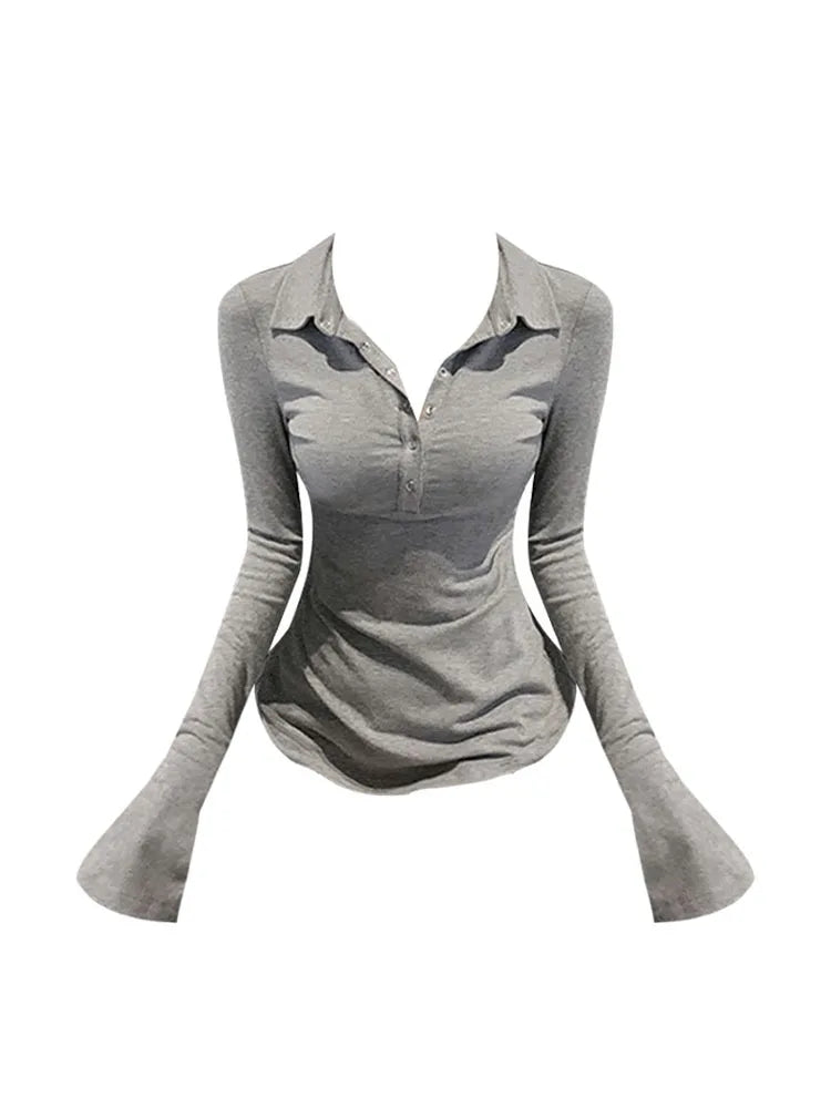 Thin Sexy Club Slim T Shirt Women Lapel Collar Tees Womens Clothing Cotton Long Sleeve Korean Casual Fashion Tops 2023 Spring