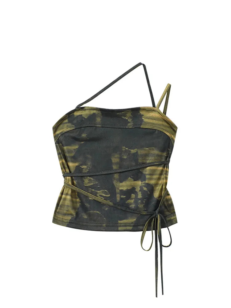 2022 Summer New Design Print Suspender Top Women's Sexy Bodycon Crop Tops Camouflage Bandage Female Retro Off Shoulder Camisole