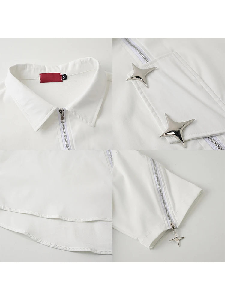 Women White Shirts and Blouses Y2k Vintage Korean Streetwear Harajuku 2000s Elegant Short Sleeve Polo-Neck Shirt Clothes Summer