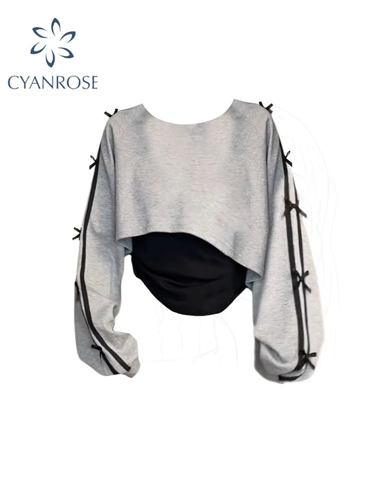 Women's Grey Long Sleeve Sweatshirt Vintage Korean Harajuku Y2k Aesthetic Oversize O-Neck Pullover Top 2000s Clothes Autumn 2024