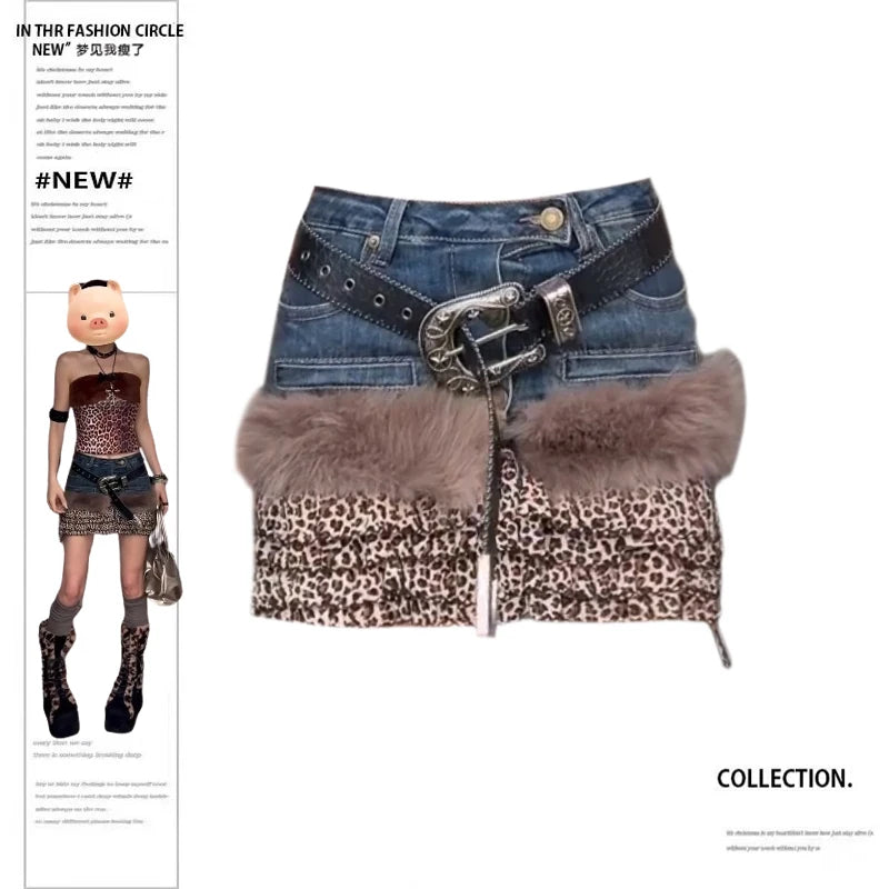 Women's A-line Leopard Print Skirt Vintage 90s Aesthetic Y2k Cargo Skirt Harajuku Korean Jeans Skirt Emo 2000s Clothes Summer