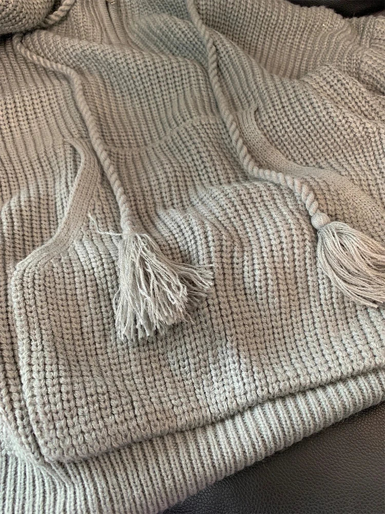 Women's Grey Hoodies Pullover Knitted Sweater Vintage Harajuku Casual Y2k 90s Aesthetic Long Sleeve Knit Sweaters 2000s Clothes