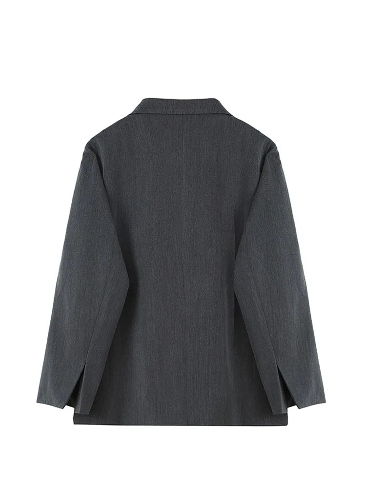 Grey Blazer Coat Women Korean Casual Loose 2022 Autumn Oversized Single-breasted Turndown Collar Long Sleeve Suit Jacket Female