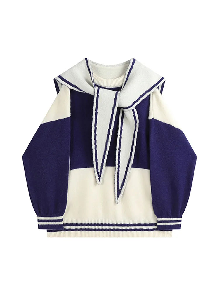 2022 Women Sweater Oversized Preppy Style Patchwork Knitted Basic Pullovers Sailor Collar Loose Soft Female Knitwear Jumper Tops