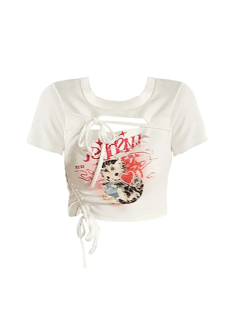 2022 Summer Women Sexy T-Shirts Print Crop Top Girls Short Sleeve Punk Harajuku Fashion Vintage Hollow Out O-neck Cute Tee Tops