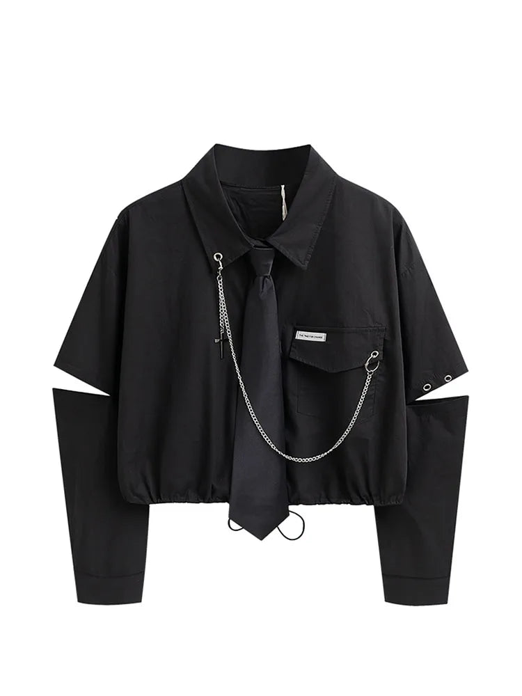 Punk Gothic Crop Top - Harajuku Streetwear with Chain & Split Detail